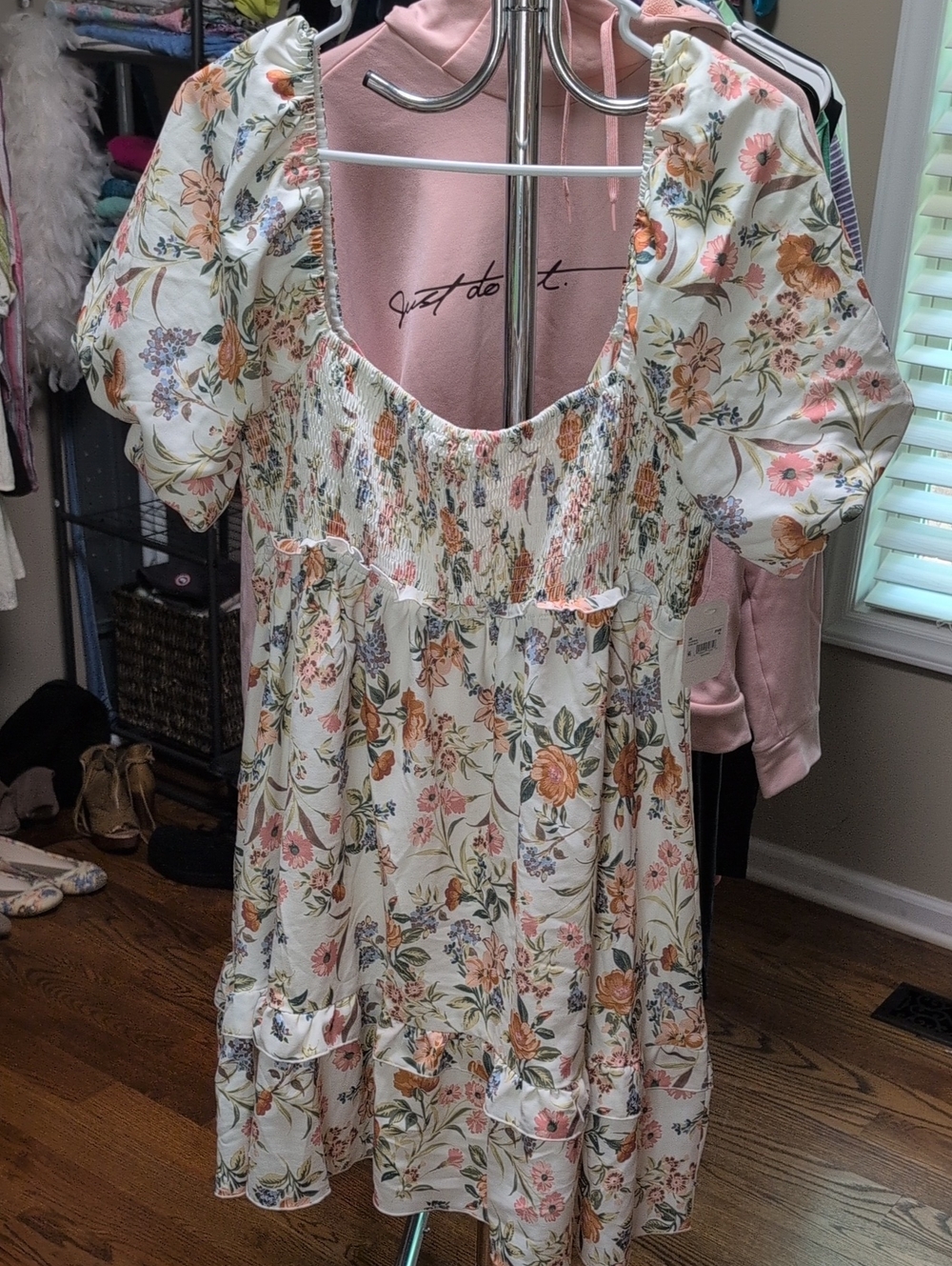 Altar'd Stat Floral Puff-Sleeve Smocked Dress - White with Pink & Orange Flowers